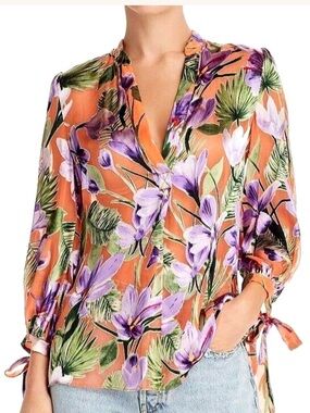 Alice + Olivia Orange Floral V-Neck Tie-Cuff Blouse